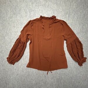 Ruffled Neck Long Sleeve Blouse Pom Pom Detail Women's Top Orange Medium‎ NWOT